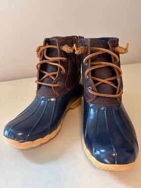 Sperry Navy & Brown Waterproof Duck Boots with Tan Sole